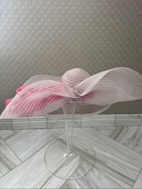 Louis Green Wide Brim Derby Statement  Flowy pink Hat with ribbon